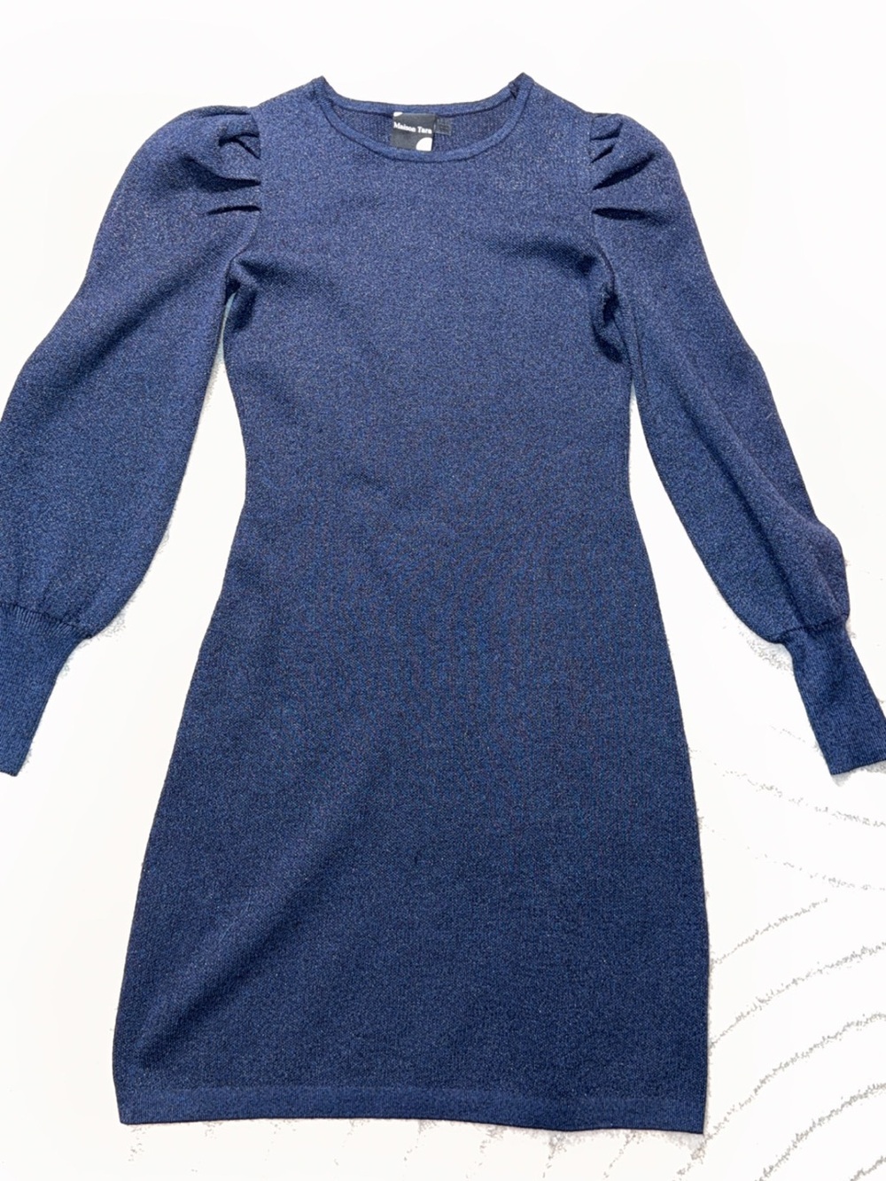 Maison Tara Navy Puff-Shoulder Knit Midi Dress NWOT